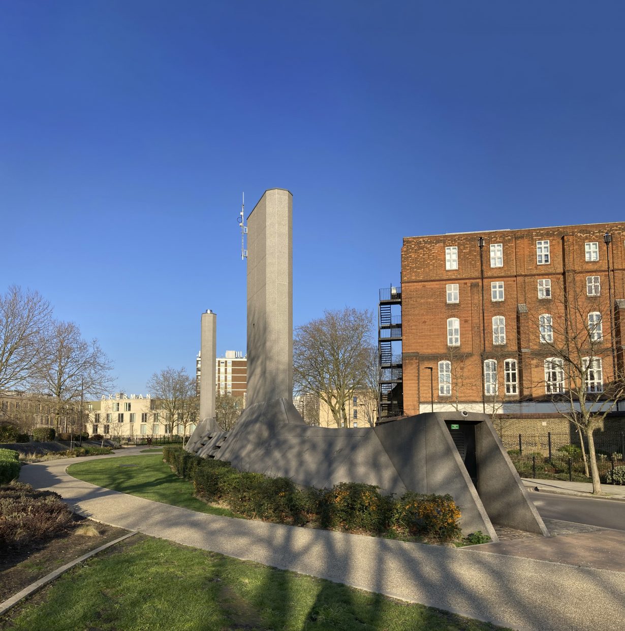 Brutalist shaft in a park